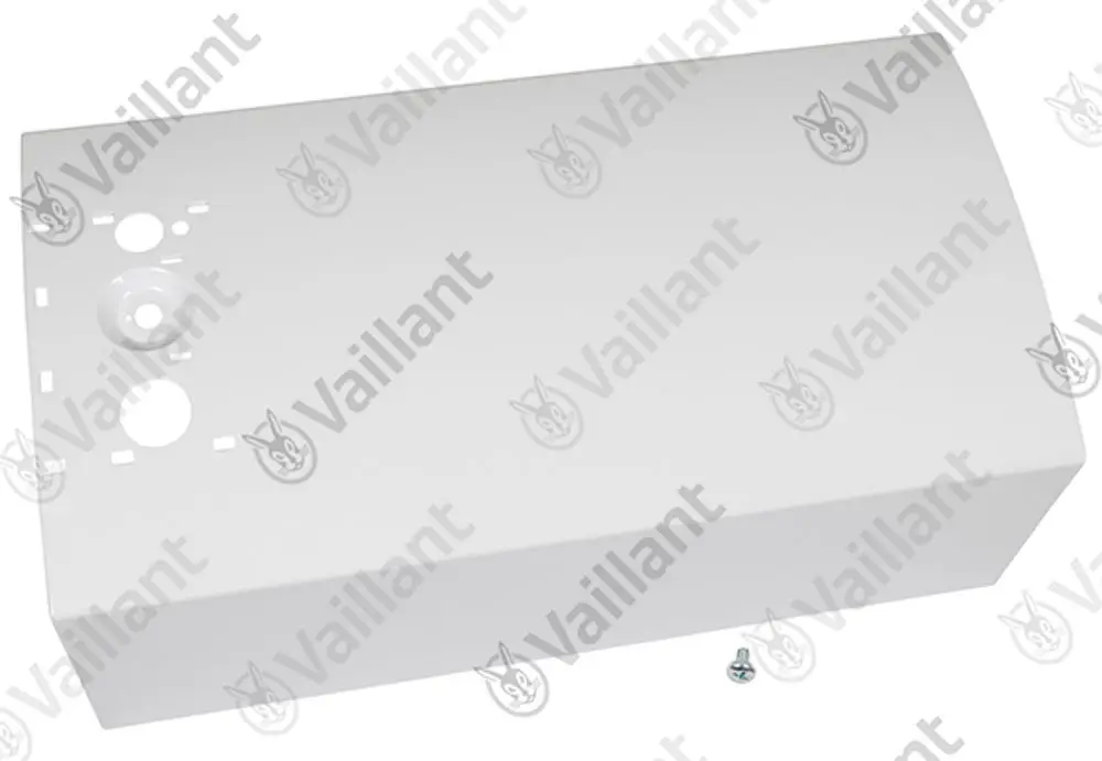 Vaillant Produktabdeckung in Weiß, rechteckige Form mit mehreren Ausschnitten und einer Befestigungsschraube.
